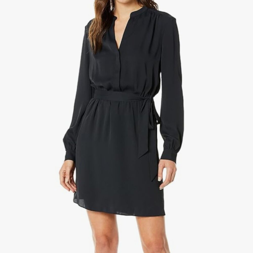 NWT Joie Leonore Shirt Dress Silk Button Down Tie Waist Black Caviar Career sz L